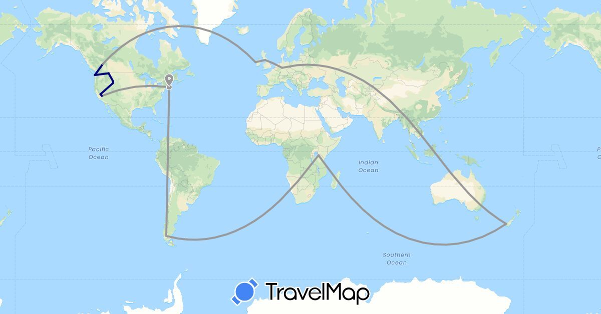 TravelMap itinerary: driving, plane in Canada, Chile, Germany, United Kingdom, Ireland, New Zealand, Tanzania, United States (Africa, Europe, North America, Oceania, South America)